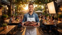 Young Caucasian male chef proudly presenting grilled ribs on wooden board in bustling outdoor restaurant patio with string lights and dining guests.