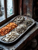Assorted wild mushrooms on rustic wooden tray by window, featuring orange chanterelles and white varieties arranged in rows, moody natural lighting creates dramatic atmosphere.