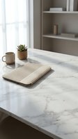 Minimalist home office workspace with laptop, coffee mug and succulent plant on marble desk. Clean modern interior design for productivity and remote work.