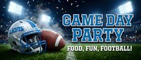 Game day party banner with football helmet and ball on grass field with stadium lights and confetti for sports celebration events.