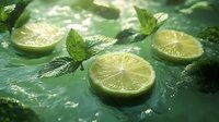Fresh lime slices floating in water with mint leaves, captured with soft natural lighting and water droplets creating refreshing summer drink atmosphere.