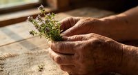 Elderly hands gently holding fresh thyme herb sprigs on rustic wooden surface. Natural lighting highlights organic gardening and cooking preparation.