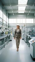 Caucasian female engineer in beige business suit and hard hat walking through modern industrial manufacturing facility with automated machinery and bright skylights overhead.