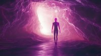 Silhouette of person walking towards bright light in surreal purple cave with glowing energy streams and reflective surface creating mystical atmosphere.