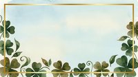 Watercolor shamrock border frame with gold rectangle on soft blue background, perfect for St. Patricks Day greeting cards and invitations.