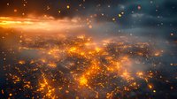 Aerial night cityscape with glowing orange lights and bokeh effects creating magical atmosphere. Illuminated urban landscape viewed from above through misty clouds.