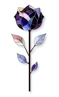 Stained glass style purple rose with geometric facets and gradient colored leaves on white background. Isolated decorative floral illustration for design projects.
