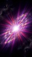 Cosmic explosion with bright purple and pink light rays bursting from center against starry space background for astronomy and science fiction projects.