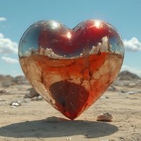 Glass heart filled with red liquid floating above desert sand against blue sky with white clouds, mystical romantic atmosphere for Valentine's day designs.