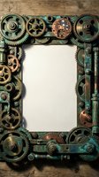 Steampunk mechanical frame with vintage gears, cogs and copper elements on rustic wood background. Industrial border design for creative projects.