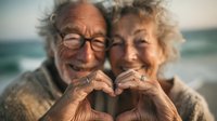 Happy senior couple making heart shape with hands on beach, elderly man and woman in love showing affection, romantic retirement lifestyle by ocean waves.