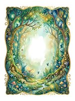 Enchanted forest frame with ornate golden border and magical woodland scene featuring lush green trees, mystical light and decorative flourishes for fantasy designs.