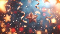 Glittering star ornament and metallic ribbons floating with bokeh lights and sparkles against blurred festive background. Holiday celebration atmosphere.
