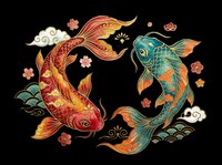 Decorative koi fish pair with ornamental flowers and swirling clouds, isolated on transparent background. Ready for t-shirt design, clipart, stickers, sublimation, and print-on-demand products.