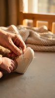 Senior woman putting on comfortable beige slippers in warm sunlit bedroom with cozy blanket for morning routine and elderly care concepts.