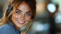 Young woman with bright blue eyes and radiant smile wearing casual grey sweater against blurred background, natural makeup and loose wavy hair style for lifestyle content.