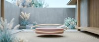 Modern ceramic plate on wooden table in contemporary kitchen interior with natural lighting and plants in background for home decor and dining concepts.