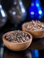 Raw black sunflower seeds in wooden bowls on dark background with blue bokeh lights, healthy organic snack for vegan and vegetarian nutrition.