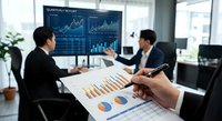 Business professionals analyzing quarterly financial reports with charts and graphs in modern office meeting room during data presentation.