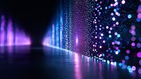 Glowing neon lights and bokeh effects create magical atmosphere with purple and blue reflections on wet surface, abstract night background for modern design projects.