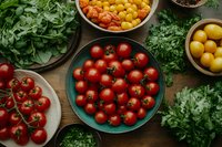 Fresh organic cherry tomatoes in turquoise ceramic bowl with mixed heirloom varieties and leafy herbs on rustic wooden table, overhead view for food styling.