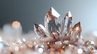Clear quartz crystal cluster with rose gold accents against blurred gray background, showcasing natural mineral formation for jewelry design or spiritual decor.