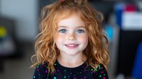 Young girl with curly strawberry blonde hair and bright blue eyes smiling warmly at camera, wearing colorful star-patterned top against blurred background.