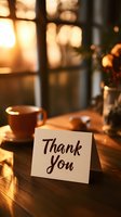 Thank you card on wooden table with coffee cup and warm sunlight streaming through window creating cozy atmosphere for gratitude expressions.