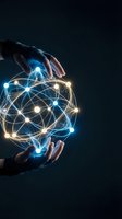 Hands protecting glowing network sphere with connected nodes and light trails representing global connectivity, data protection, and digital transformation.