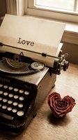 Vintage typewriter with love typed on aged paper beside a heart-shaped red rose on wooden desk, romantic retro concept.