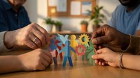 Diverse hands assembling colorful paper cutout figures together on wooden table, representing teamwork, unity, collaboration, and community support for nonprofit organizations and social causes.