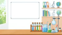 Whiteboard with educational science equipment, test tubes, globe, microscope, and books on wooden desk for classroom learning and laboratory studies.