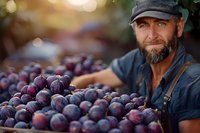 Caucasian male farmer with beard harvesting fresh ripe plums in orchard during sunset. Close up of organic purple fruits with selective focus and natural bokeh.