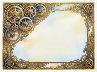 Ornate steampunk frame with vintage gears and clockwork mechanisms in golden bronze tones, decorative border design for certificates and invitations.