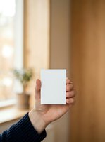 Close-up of male hand holding blank white box against warm interior background with window light and blurred decor for product packaging mockup.