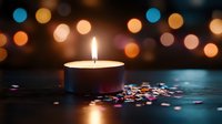 Glowing tea light candle with colorful confetti scattered around on dark surface against blurred bokeh lights background creates romantic atmosphere.