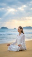 Young Caucasian woman in white clothing meditating in lotus pose on sandy beach at sunset with dramatic rays of light.