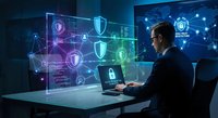 Cybersecurity analyst monitoring digital security systems with holographic interface displaying shields and locks in modern control room.