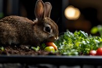 Brown rabbit sniffing fresh vegetables and fruits in garden soil, close-up view with natural bokeh background, showing curious animal behavior and healthy eating.