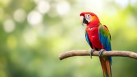 Vibrant scarlet macaw perched on natural wooden branch against soft green bokeh background, displaying brilliant red, blue and yellow plumage in natural habitat.