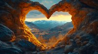 Heart-shaped natural rock formation frames dramatic mountain landscape at sunset, with warm orange glow illuminating rugged canyon walls against distant snow-capped peaks.