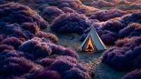 Cozy camping tent glowing warmly among purple heather bushes at twilight. Outdoor adventure and wilderness escape concept for travel and nature enthusiasts.