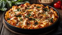 Baked ziti pasta casserole with melted mozzarella cheese, tomato sauce, and fresh basil leaves served in round black baking dish on rustic wooden table.