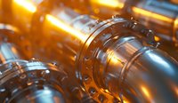 Close-up view of industrial metal pipeline system with bolted flanges and joints illuminated by warm golden light, showing engineering precision and technical detail.