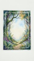 Watercolor enchanted forest frame with a winding path, cottage, ferns, wildflowers, and arched trees forming an oval copy space center.
