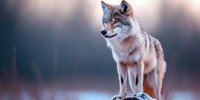 Majestic gray wolf standing on rock during winter sunset, alert pose with focused gaze, soft natural lighting creates atmospheric mood in snowy wilderness.