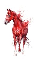 Red watercolor horse galloping with paint splashes and artistic brush strokes on white background. Dynamic equestrian art for creative projects.