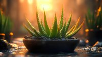 Green aloe vera plant in ceramic pot against golden sunset light with bokeh effect, creating atmospheric wellness and spa ambiance.