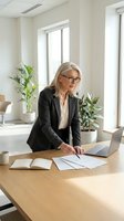 Middle-aged woman with blonde hair and glasses wearing black blazer and white shirt working at wooden desk with laptop, notebook and documents in bright modern office with plants.