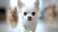 White Chihuahua puppy with bright eyes and alert expression looking at camera, soft focus background shows other dogs, pet photography for animal care and veterinary use.